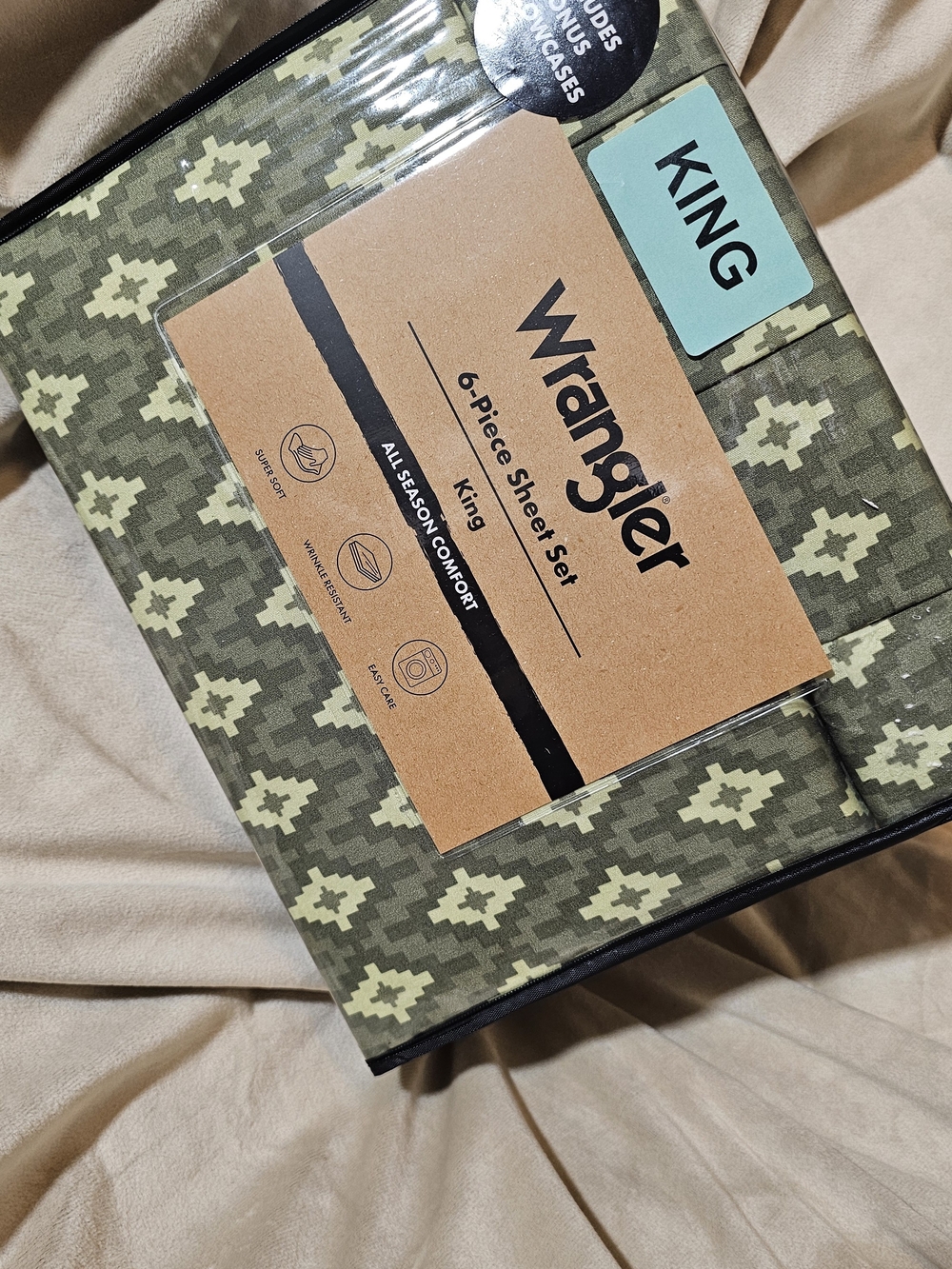 Wrangler King 6-Piece Sheet Set in Olive Green and Cream Pattern